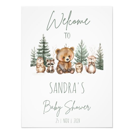 Green Woodland Adventure Baby Shower Welcome Sign Foto Afdruk (Voorkant)
