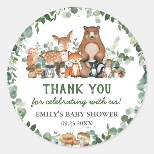 Green Woodland Animals Baby shower Birthday CL Ronde Sticker (Voorkant)