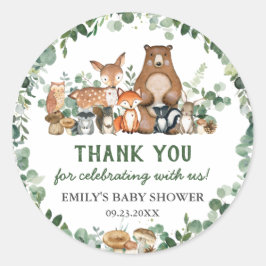 Green Woodland Animals Baby shower Birthday CL Ronde Sticker