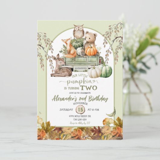 Green Woodland Animals Little Pumpkin Verjaardag Kaart (Staand voorkant)