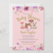 Green Woodland Animals Roze Bloemen Baby shower Kaart (Voorkant)