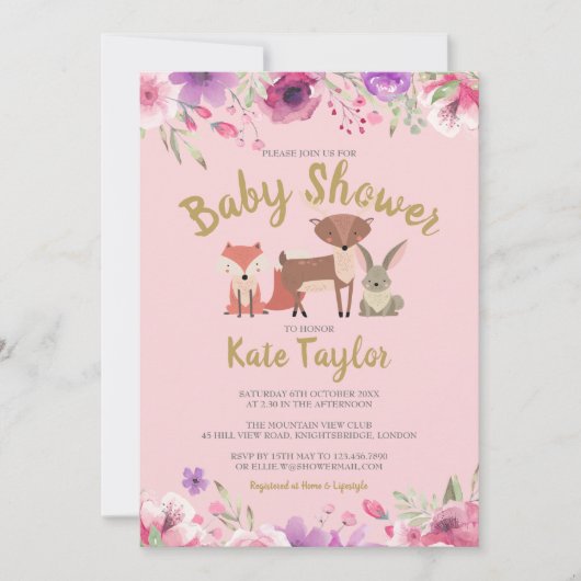 Green Woodland Animals Roze Bloemen Baby shower Kaart (Voorkant)