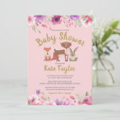 Green Woodland Animals Roze Bloemen Baby shower Kaart (Staand voorkant)