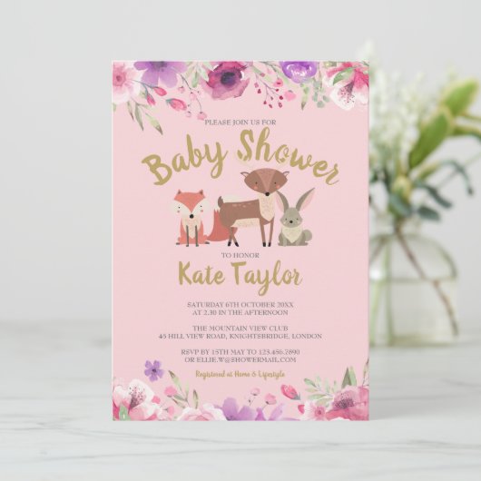 Green Woodland Animals Roze Bloemen Baby shower Kaart (Staand voorkant)