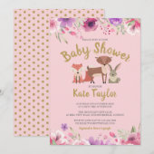 Green Woodland Animals Roze Bloemen Baby shower Kaart (Voorkant / Achterkant)