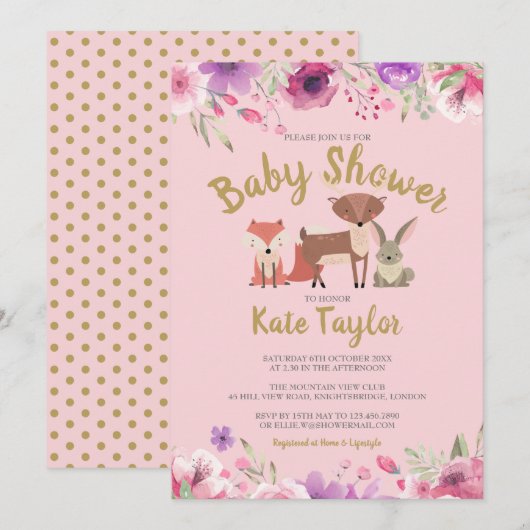 Green Woodland Animals Roze Bloemen Baby shower Kaart (Voorkant / Achterkant)