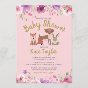 Green Woodland Animals Roze Bloemen Baby shower Kaart