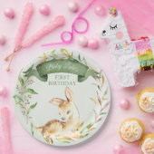 Green Woodland Baby Deer Custom First Birthday Papieren Bordje (Feest)