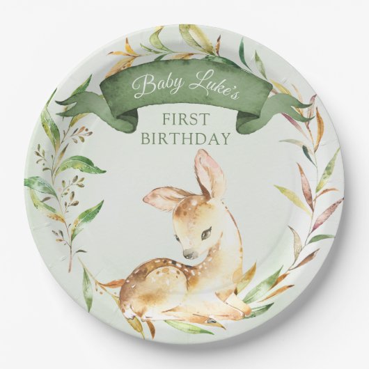 Green Woodland Baby Deer Custom First Birthday Papieren Bordje (Voorkant)