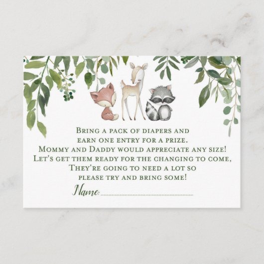 Green Woodland Baby shower Luier Raffle invoegen Informatiekaartje (Voorkant)
