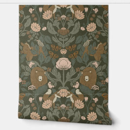 Green Woodland Block Print Damask Behang