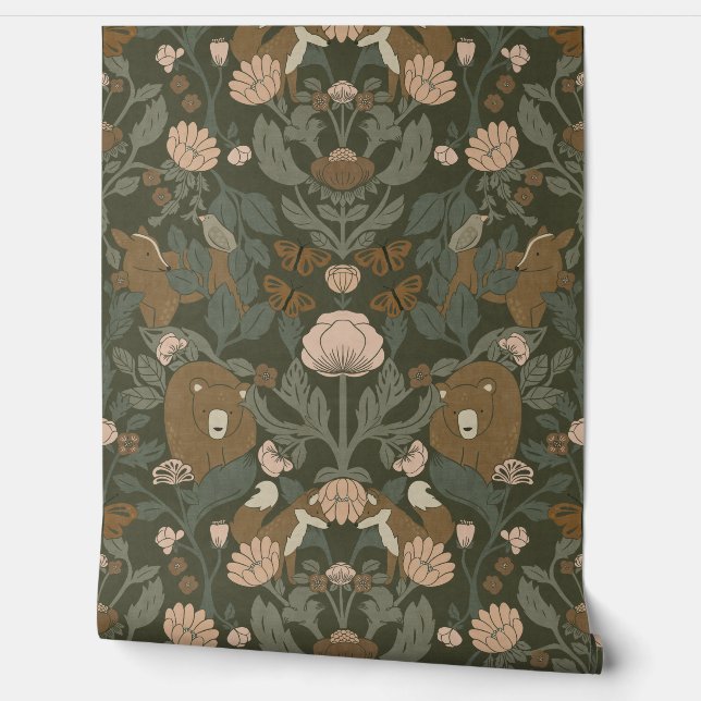 Green Woodland Block Print Damask Behang (Afrollen)