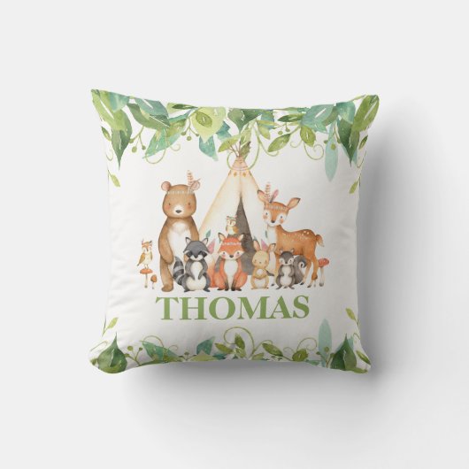 Green Woodland Dieren Geboorte Stats Kwekerij Meis Kussen (Voorkant)