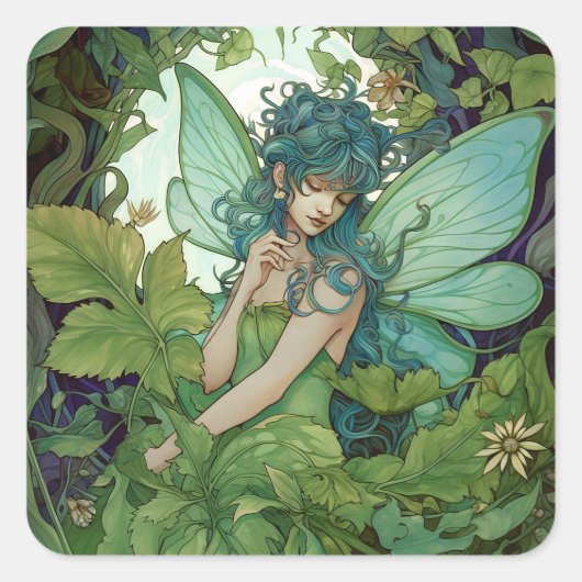 Green Woodland Fairy Fantasy Art Vierkante Sticker (Voorkant)