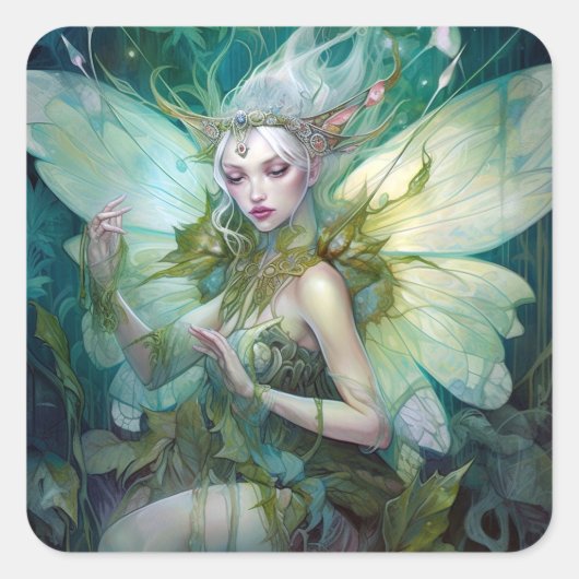 Green Woodland Fairy Fantasy Art Vierkante Sticker (Voorkant)