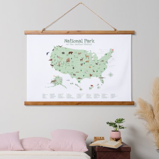 Green Woodland National Parks Kaart Kleuterschool Hangend Wandkleed (Slaapkamer)