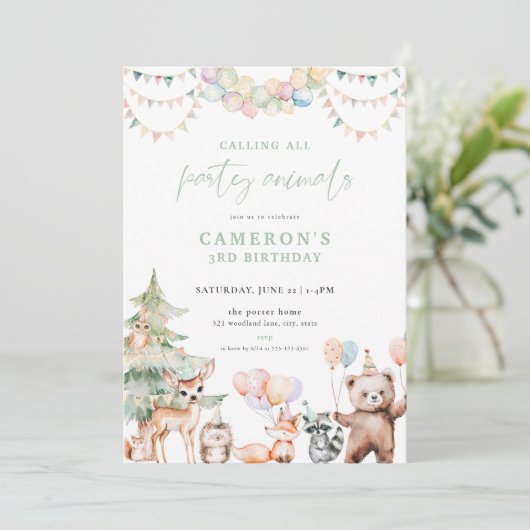 Green Woodland Party Dieren Uitnodiging voor verja (Staand voorkant)