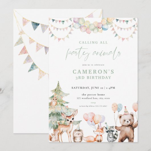 Green Woodland Party Dieren Uitnodiging voor verja (Voorkant / Achterkant)