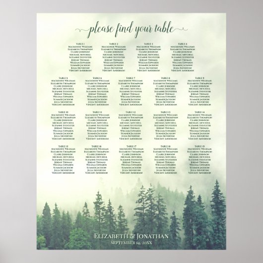 Green Woodland Pine 19 Table Wedding Seating Chart Poster (Voorkant)