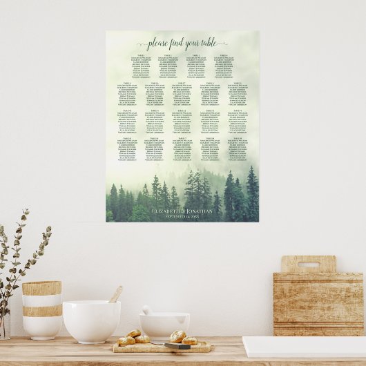 Green Woodland Pine 19 Table Wedding Seating Chart Poster (Keuken)