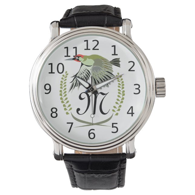 Green Woodpecker in Flight Monogram Horloge (Voorkant)