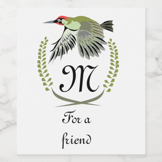Green Woodpecker in Flight Monogram Wijn Etiket (Enkel label)