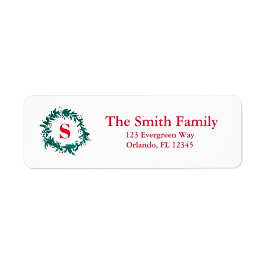 Green Wreated Kerstmonogram Retouradres Etiket (Voorkant)