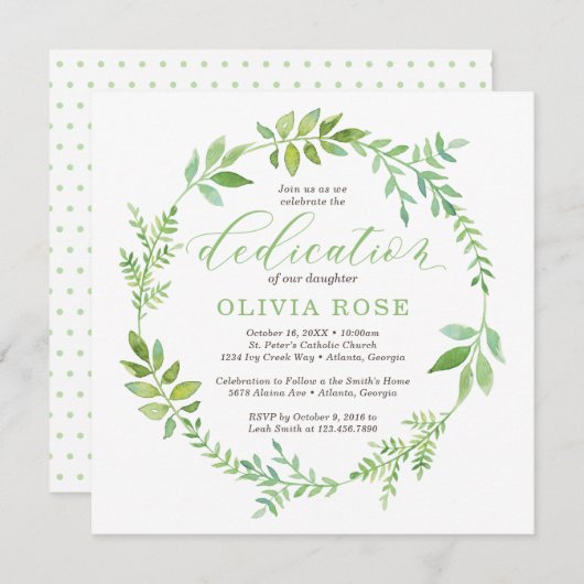 Green Wreath Dedication Invitation, BOHO Kaart (Voorkant / Achterkant)