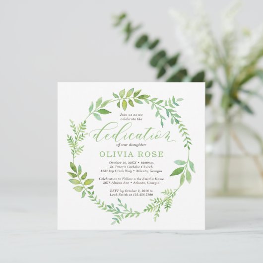 Green Wreath Dedication Invitation, BOHO Kaart (Staand voorkant)