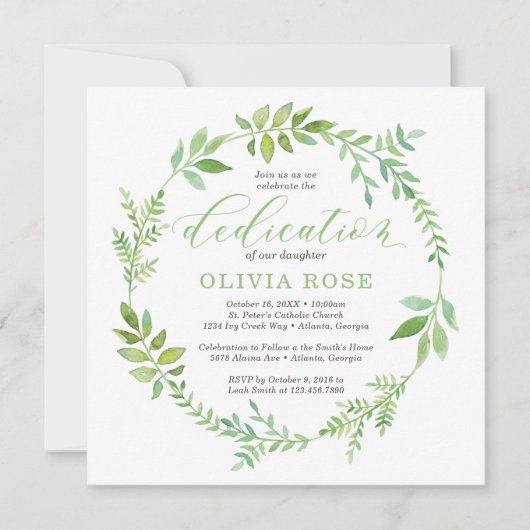 Green Wreath Dedication Invitation, BOHO Kaart (Voorkant)