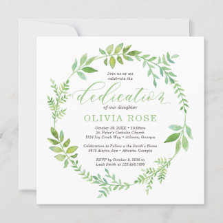 Green Wreath Dedication Invitation, BOHO Kaart