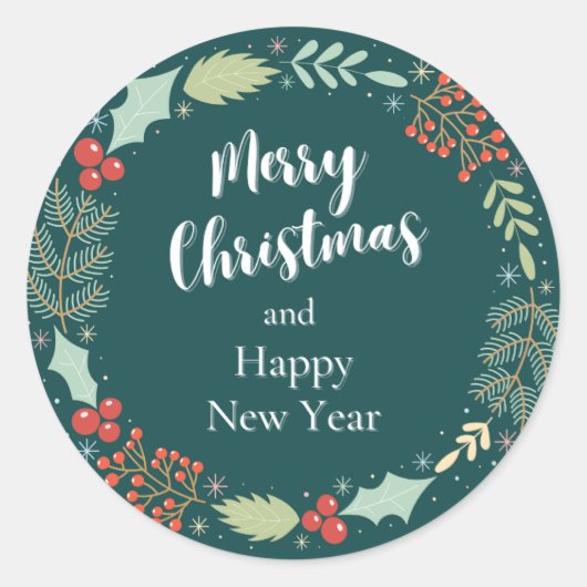 Green Wreath Floral Simple Merry Kerstmis Ronde Sticker (Voorkant)