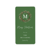 Green Wreath Monogram Merry Kerstmis Etiket (Voorkant)