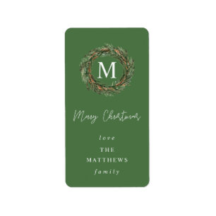 Green Wreath Monogram Merry Kerstmis Etiket
