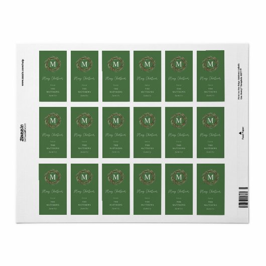 Green Wreath Monogram Merry Kerstmis Etiket (Full Sheet)