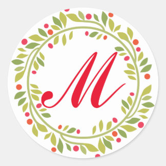 Green Wreath Red Monogram Holiday Ronde Sticker