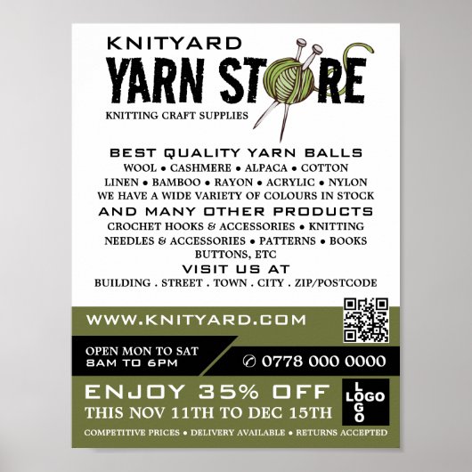 Green Yarn Store Logo, Knitting Store, Yarn Store Poster (Voorkant)