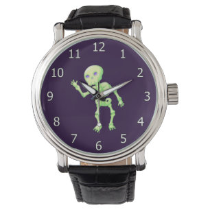 Green Yellow Glow Cute Skeleton Waving Art Horloge