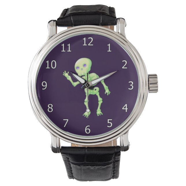 Green Yellow Glow Cute Skeleton Waving Art Horloge (Voorkant)