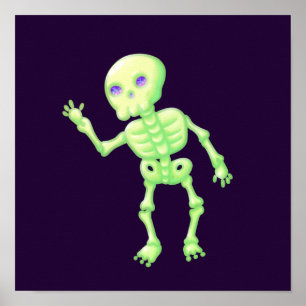 Green Yellow Glow Cute Skeleton Waving Art Poster