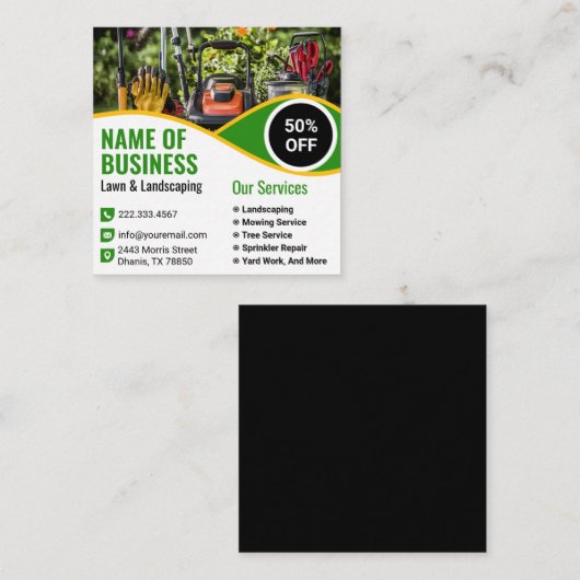 Green Yellow Lawn Mower Landscaping Service Vierkante Visitekaartje (Voorkant / Achterkant)
