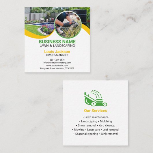 Green & Yellow Lawn Service Modern in het oog spri Vierkante Visitekaartje (Voorkant / Achterkant)