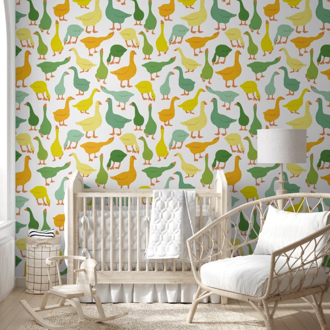 Green & Yellow Modern Geese Seamless Pattern Behang (Kinderen)