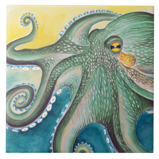 Green Yellow Octopus Watercolor Art Tegeltje (Voorkant)