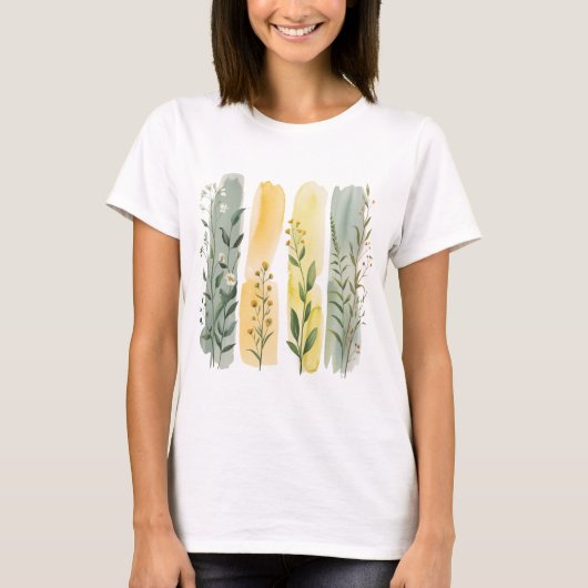 GREEN YELLOW ORANGE BOHO WILDFLOWERS T-SHIRT (Voorkant)