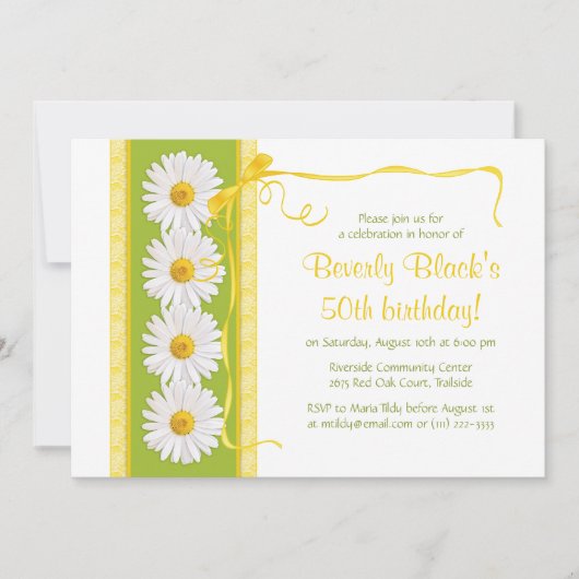 Green Yellow Shasta Daisy Birthday Invitation Kaart (Voorkant)