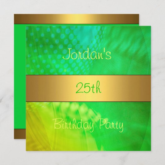 Green Yellow Swirl Gold 25th Birthday Party Kaart (Voorkant / Achterkant)