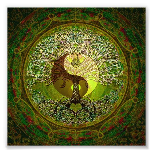 Green Yin Yang met boom of Life Foto Afdruk (Voorkant)
