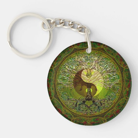 Green Yin Yang met boom of Life Sleutelhanger (Voorkant)