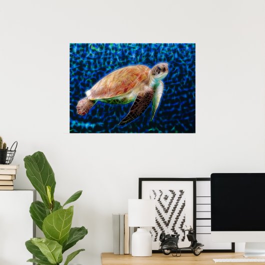 Green Zee Turtle Honu on Blue Fractal Art Poster (Thuiskantoor)